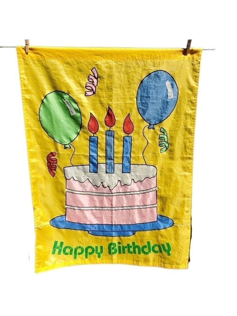 Vtg Happy Birthday Large Cake Balloons outdoor flag party decoration decor Sign